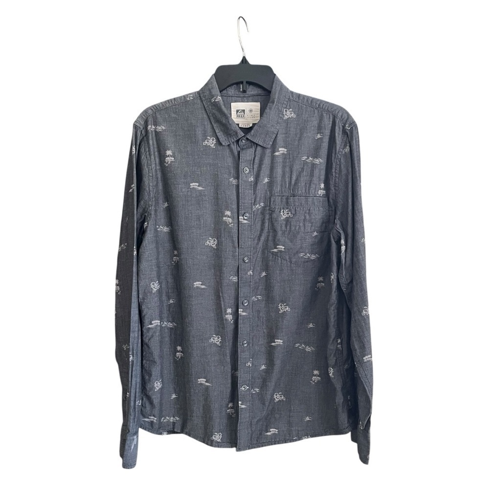 Reef Shirt Men's Size L Gray Long Slv Button Up Beach Hawaii Palm Trees Tropical